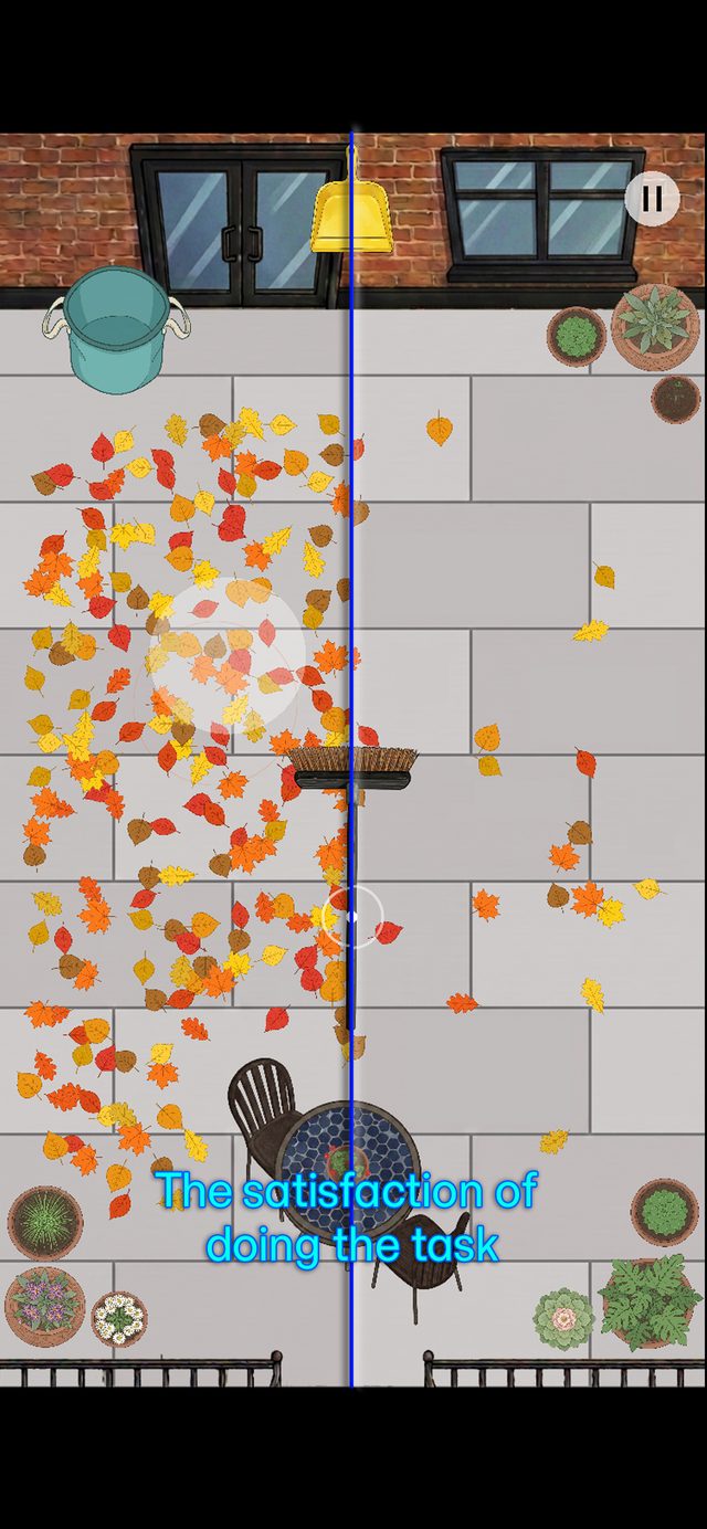 Leaf Sweep clearing screenshot: a wide view of a leaf pile being cleared